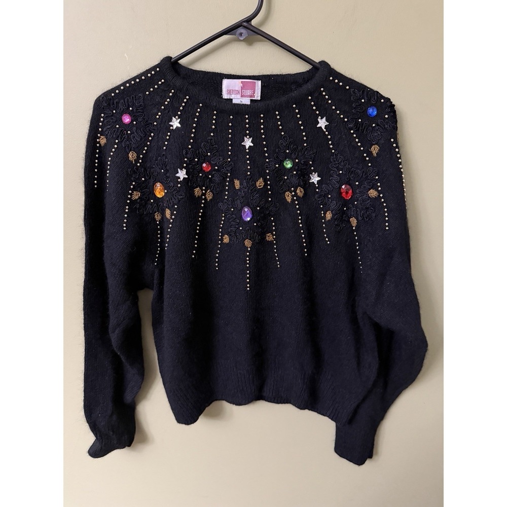 Sheridan Square Silk Angora Sweater Jeweled Sz Large Embroidered Beaded Rabbit